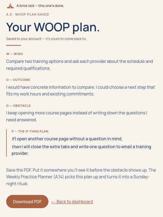 Fictional WOOP plan comparing training options, identifying an obstacle, and choosing an if-then action