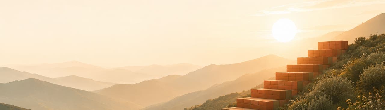 A terracotta brick path becomes brick stairs climbing a wildflower hillside toward the rising sun, hazy mountain ridges in the distance.