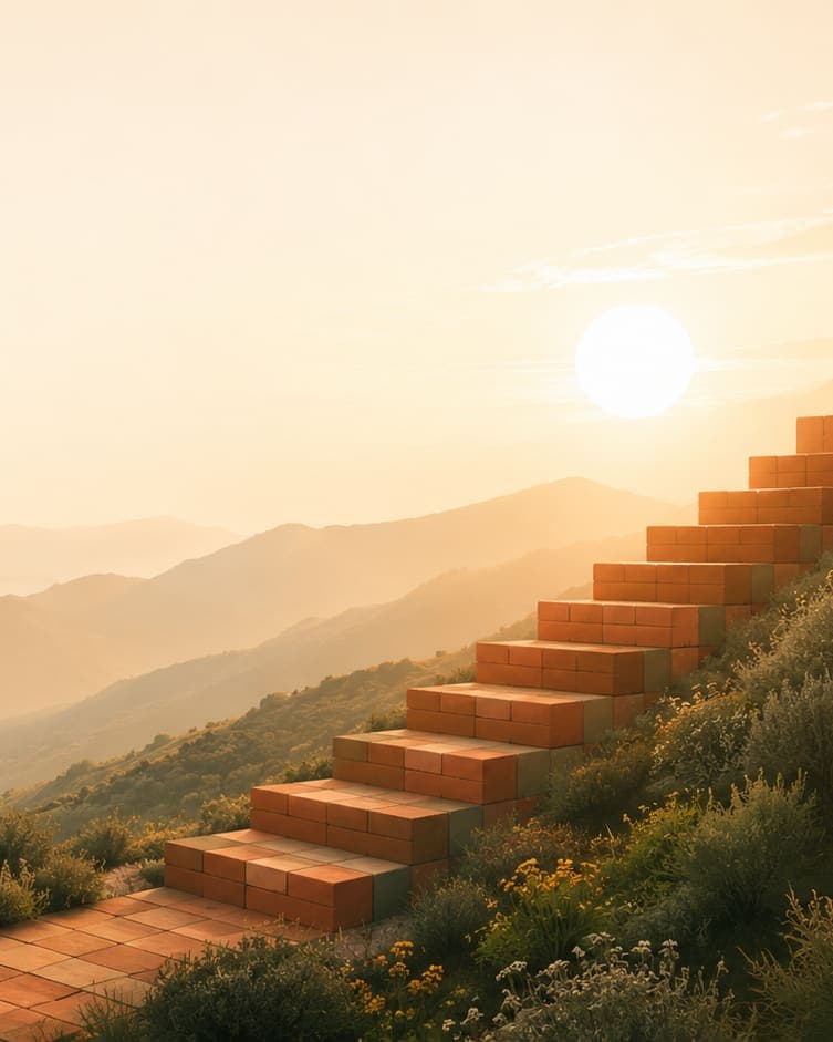 A terracotta brick path becomes brick stairs climbing a wildflower hillside toward the rising sun, hazy mountain ridges in the distance.